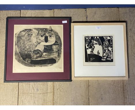 S Rothschild, lithogram signed in pencil, "Players"; and a framed and glazed lithograph of a cat, dedicated to Elizateth with