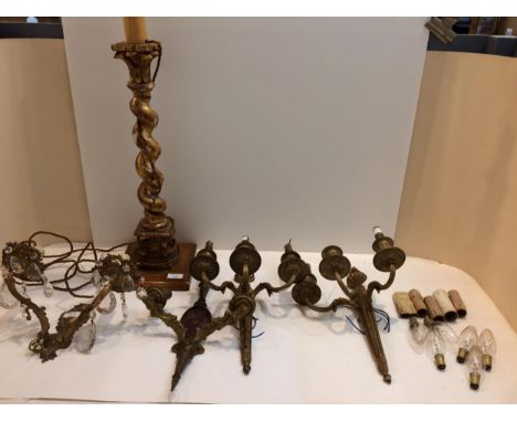 Quantity of lighting - pair 3 brach gilt metal wall sconces and one with lustres, and a large turned wooden gilt painted cand