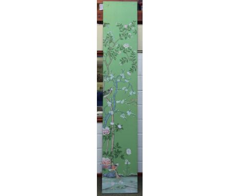 A decorative hand painted panel of Chinese flora and fauna, ex de Gournay display on a green silk ground mounted to a stretch
