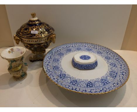 Large ceramic lazy Suzanne with blue printed repeating design (CRACK), and a Meissen style vase and a Sevre style lidded tabl