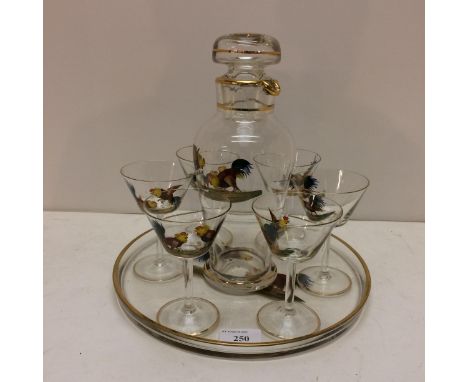 Early C20th/Deco hand painted cocktail set, comprising of tray, cocktail pourer and 6 glasses (1 glass with a nic), fighting 