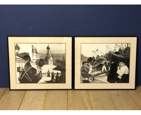 K Clarke, Two Sgraffito Works of Art, Dragon Boat Festival and Budhist Temple, Signed and dated c 1964 and c1965. Framed and 