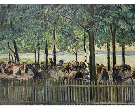 C20th oil on canvas, figures promenading through the park by a river, unsigned, in light colour frame 