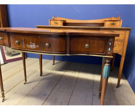 Edwardian light coloured burr style dressing table, with 5 drawers; and a small 3 drawer writing desk with applied painted fl