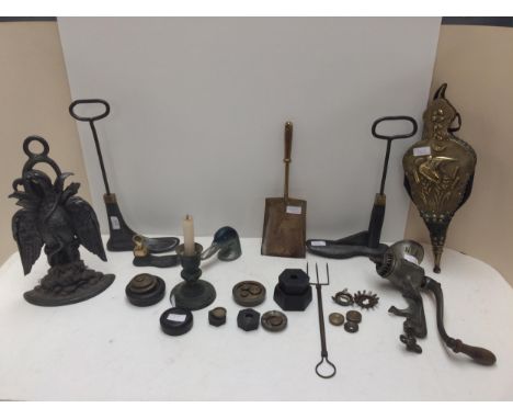 a quantity of miscellaneous  metal wares, including Brass bellows, toasting fork, fire shovel, door stops, paper weights, gri