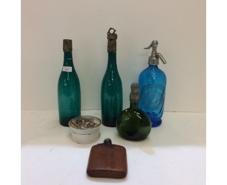 Prattware pot, leather clad hip flask not hallmarked, C20th soda syphon and some metal topped glassware with grape decoration