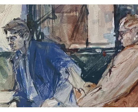 Framed and glazed pictures, signed in pencil lower right Hawkins, marked verso "two figures, the Hayes, Cardiff, Mixed Media,