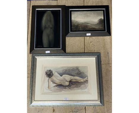 Framed and glazed pencil and inkwash of a reclining nude, signed RD Moore, circa 1928; and other pictures, incl one signed Si