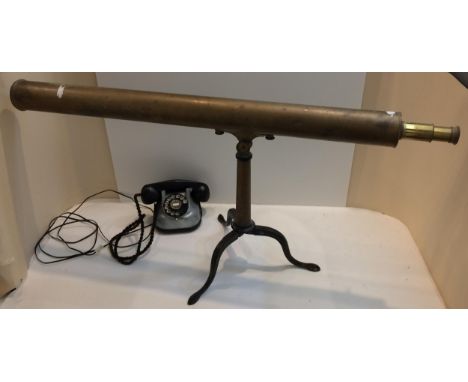 Brass table top telescope, possibly 3 drawer, on an original tripod stand, unmarked, and a vintage style telephone 