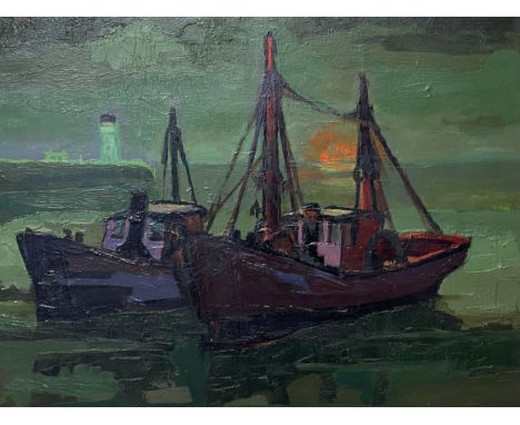 DAN WELCK, oil on canvas, Fishing boats by a lighthouse, signed lower right, in light colour frame; and an&nbsp; unframed wat