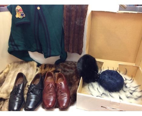 Four mink furs stoles in used condition; and a feather hat, 1980s Italian cardigan and Vintage shoes etc etc 