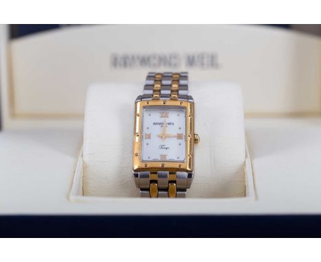 LADY'S RAYMOND WEIL TANGO BICOLOUR STAINLESS STEEL QUARTZ WRIST WATCH,the rectangular mother of pearl dial with applied dot a