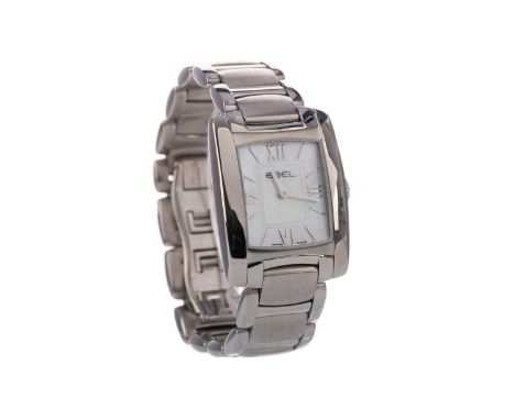 LADY'S EBEL BRASILIA STAINLESS STEEL QUARTZ WRIST WATCH,the rectangular mother of pearl dial with applied baton and Roman hou