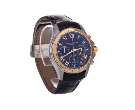 GENTLEMAN'S RAYMOND WEIL PARSIFAL CHRONOGRAPH STAINLESS STEEL AUTOMATIC WRIST WATCH,the round black dial with applied Roman h