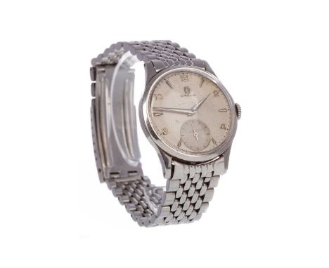 GENTLEMAN'S OMEGA STAINLESS STEEL MANUAL WIND WRIST WATCH,the round silver coloured dial with Arabic and wedge hour markers, 