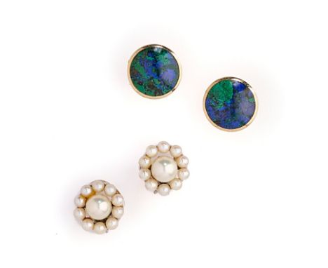 COLLECTION OF JEWELLERY comprising: a pair of gold cultured pearl cluster ear clips by Deakin and Francis; a pair of gold opa