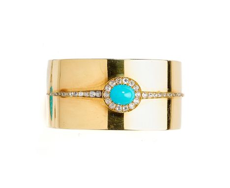 VICTORIAN GOLD, TURQUOISE AND DIAMOND BANGLE, 1870s the wide polished hinged bangle, applied to the centre with an oval caboc