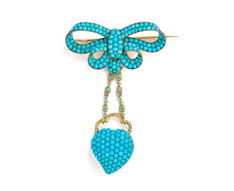FRENCH GOLD AND TURQUOISE BROOCH / VINIAGRETTE, 1850s the detachable viniagrette designed as padlock in the form of a Witch's
