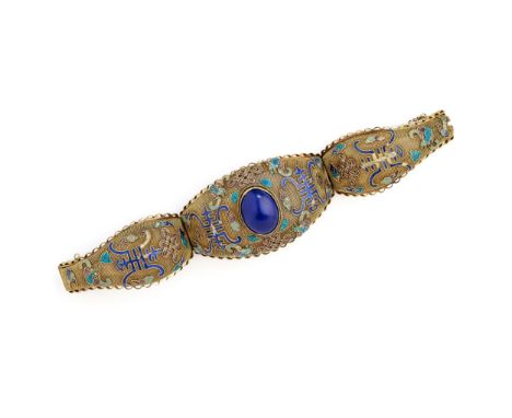 CHINESE ENAMEL HINGED BANGLE designed as three hinged tapering mesh panels applied with enamel Chinese symbols, centring on a
