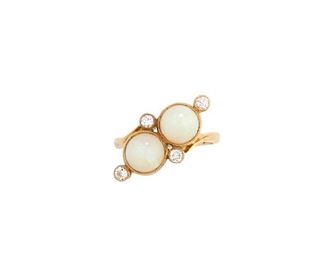 OPAL AND DIAMOND GOLD RING, 1900s milegrain collet set with two circular cabochon opals, accented with four circular-cut diam