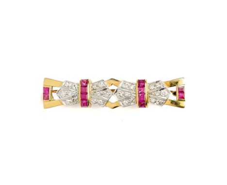 □ RUBY AND DIAMOND BAR BROOCH, 1940s designed as a pair of bow motifs, accented with lines of channel set calibre-cut rubies 