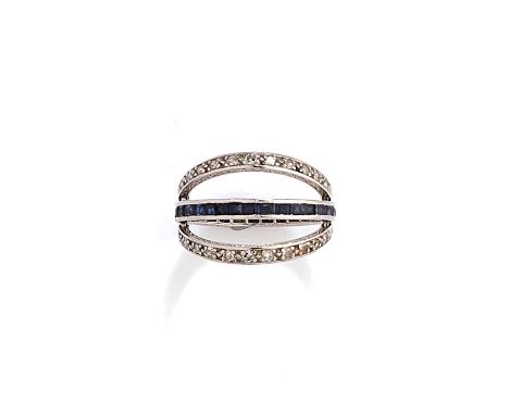 DIAMOND, SAPPHIRE AND RUBY HINGED ETERNITY RING, 1930s channel set with calibre-cut sapphires and rubies, to a hinged engrave