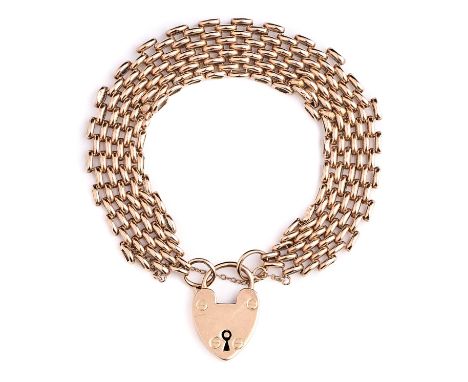 EDWARDIAN ROSE GOLD BRACELET, 1900s of gate linking to a heart-shaped padlock clasp, 18cm long, 18.7g