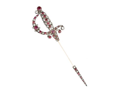 RUBY AND DIAMOND SURETE PIN, 1890s designed as a sword, the hilt embellished with circular-cut rubies and diamonds, to a simi