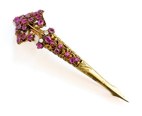 RUBY AND DIAMOND AIGRETTE PIN, 1880s foliate design set with mixed-cut rubies and diamonds, the reverse with foliate scroll d