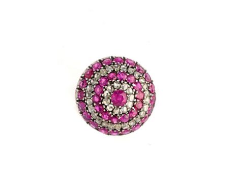RUBY AND DIAMOND RING target design, composed of lines of rose-cut diamonds and circular-cut rubies, to a scroll engraved mou
