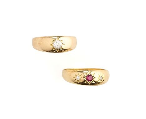 TWO GOLD AND DIAMOND GYPSY RINGS one set with a circular-cut diamond, ring size M 1/2, the other with a circular-cut ruby and