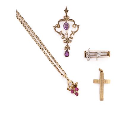 COLLECTION OF JEWELLERY comprising: a gold musical note brooch set with a single circular-cut diamond,1900s; a gold, seed pea