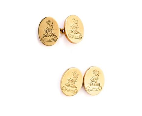 PAIR OF GOLD CUFFLINKS, 1972 each oval terminal with engraved crest and motto 'MACTE' to curb link connecting chains, British