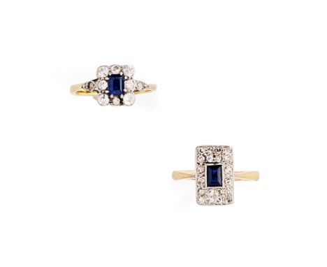 TWO SAPPHIRE AND DIAMOND RINGS, 1920s both of plaque design, each centring on a step-cut sapphire, framed by circular- and si