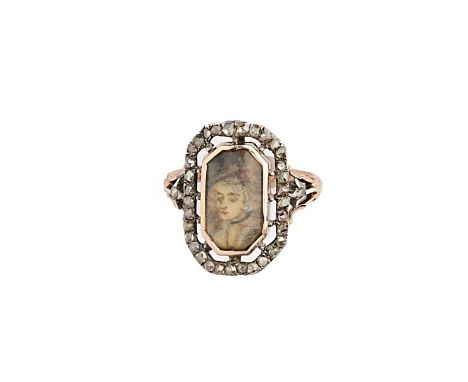 DIAMOND PORTRAIT MINIATURE RING, EARLY 19TH CENTURY AND LATER the cut-cornered rectangular glazed bezel inset with a portrait