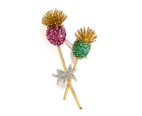 KUTCHINSKY: GOLD, DIAMOND, RUBY AND EMERALD BROOCH, 1959 designed as two thistles set with circular rubies and emeralds respe