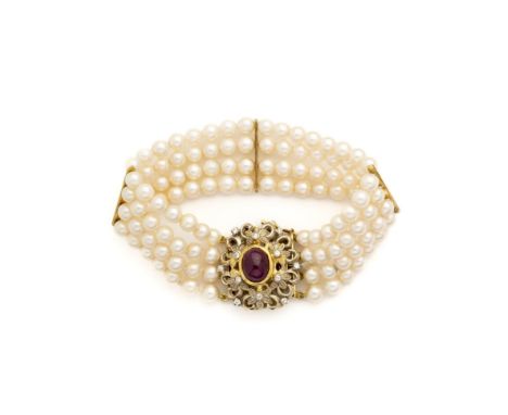 CULTURED PEARL, RUBY AND DIAMOND BRACELET composed of four uniform rows of approximately 5.2mm cultured pearls to an oval ope