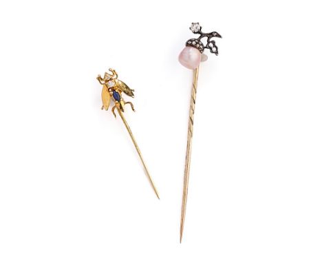 □ TWO GEM-SET STICK PINS one set with a pearl and rose-cut diamond acorn, 1890s, the other designed as a fly with navette-sha