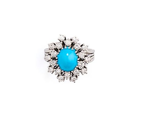 TURQUOISE AND DIAMOND RING, 1960s cluster design, set with an oval cabochon turquoise framed by brilliant-cut diamonds, ring 