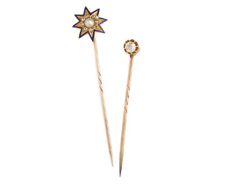 TWO GEM-SET AND DIAMOND STICK PINS, 1890s one claw set with a detachable old mine-cut diamond, the other designed as an eight
