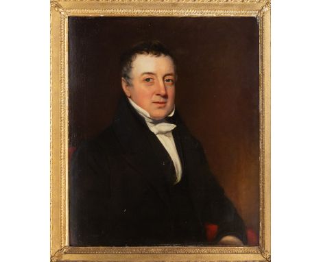 English School (mid-19th century), Portrait of a gentleman, half length, wearing a black coat and waistcoat, white winged sto