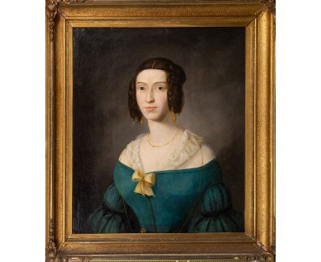 English school, early 19th century, A portrait of a lady in a blue dress with lace collar and gold ribbon, with ringlet hair,