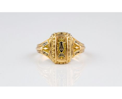 A 10ct rose gold and enamel American High School class ring by Herff Jones, dated 1946, with 'W High School' in a black ename