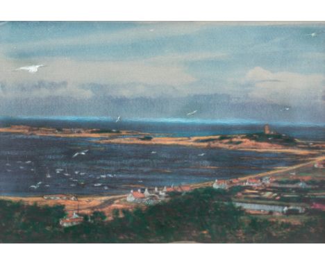Harold Riley (British, b.1934), Rocquaine and Lihou Island, Guernsey, mixed media - print on canvas board with handpainted em
