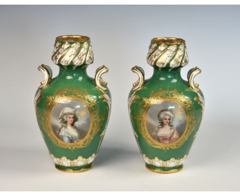 A pair of Continental porcelain twin handled portrait vases, late 19th century, impressed factory marks and numerals plus scr