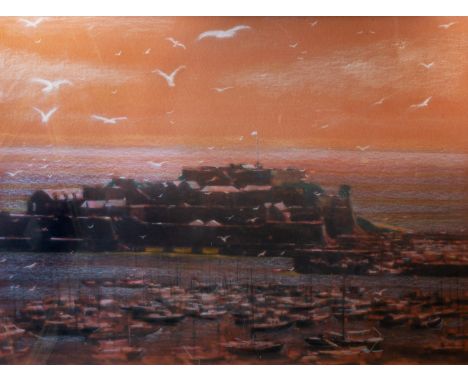 Harold Riley (British, b.1934), Castle Cornet sunset, Guernsey, mixed media - print on canvas board with handpainted embellis
