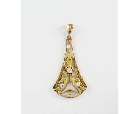 An Art Nouveau 10k two colour gold, seed pearl and diamond pendant, the pierced pendant with foliate, bell flower and filigre