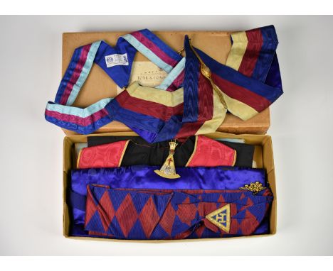 A quantity of Masonic regalia, comprising three aprons; a sash; three collarettes, one collar heavily embroidered in gold thr