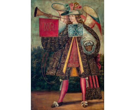 Cuzco School (Peruvian, 20th century), Portrait of an Archangel, full length, dressed in gilded robes and plumed hat, holding
