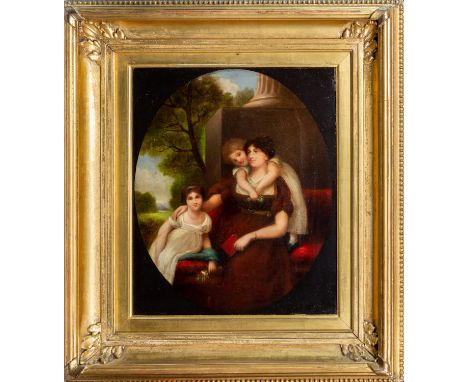 English School (second quarter 19th century), Portrait of a mother and two children seated at the foot of a classical column,